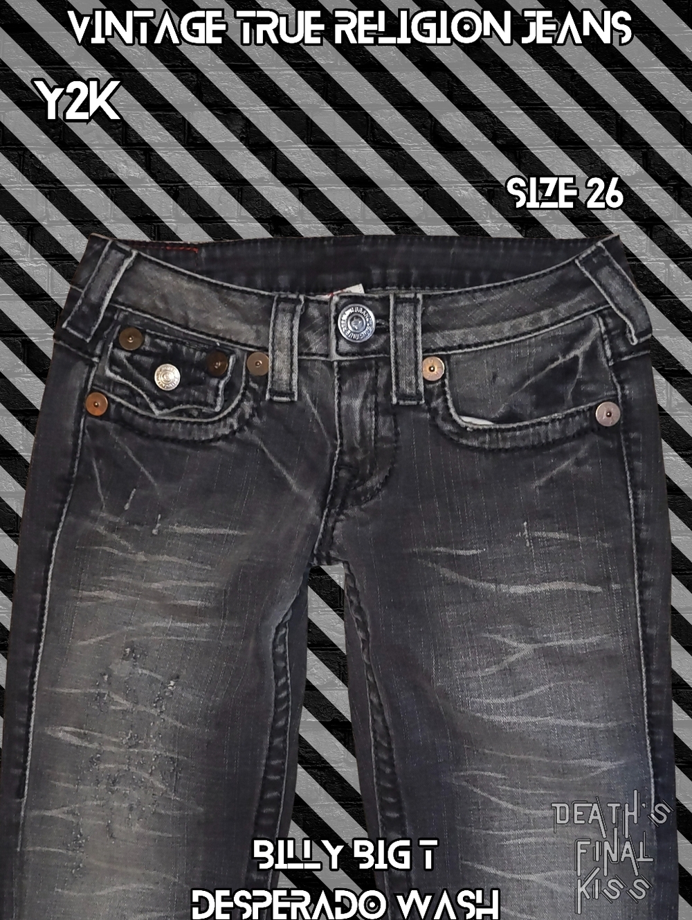 Y2K Vintage True Religion Black Desperado Billy Big T Thick Stitched Jeans 26